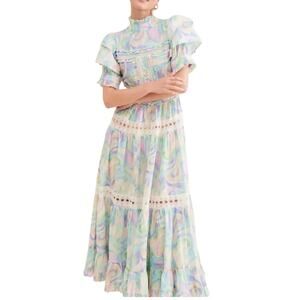 Free people size small love & liberation pastel ruffle dress puff sleeve maxi